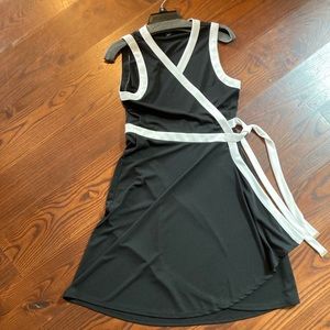 Black, with white trim sleeveless wrap dress